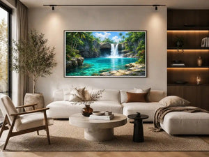 Tropical waterfall canvas art with turquoise lagoon for modern room decor.