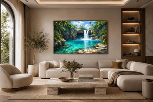 Tropical waterfall canvas art with turquoise lagoon for modern room decor.