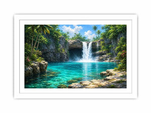 Tropical waterfall canvas art with turquoise lagoon for modern room decor.