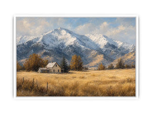Snow mountain farmhouse canvas art for rustic modern living room decor.