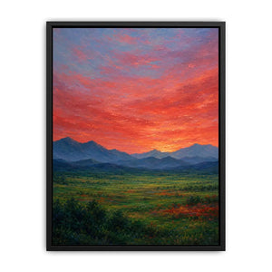 Vivid mountain sunset canvas art for dramatic modern living room decor.