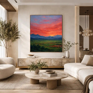 Vivid mountain sunset canvas art for dramatic modern living room decor.