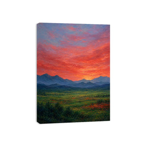 Vivid mountain sunset canvas art for dramatic modern living room decor.