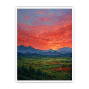 Vivid mountain sunset canvas art for dramatic modern living room decor.