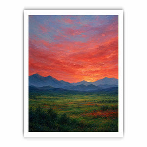 Vivid mountain sunset canvas art for dramatic modern living room decor.