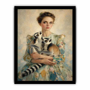 Elegant woman with lemurs portrait canvas art for luxury bedroom decor.