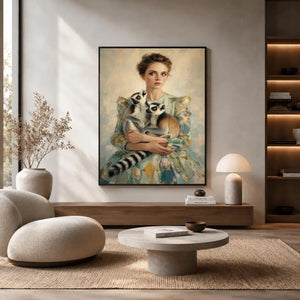 Elegant woman with lemurs portrait canvas art for luxury bedroom decor.