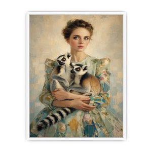 Elegant woman with lemurs portrait canvas art for luxury bedroom decor.
