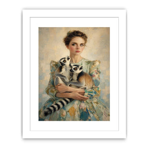Elegant woman with lemurs portrait canvas art for luxury bedroom decor.