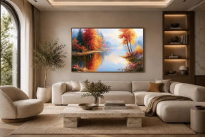 Autumn lake landscape canvas art with colourful trees for modern living room decor.
