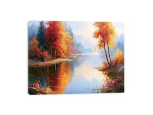 Autumn lake landscape canvas art with colourful trees for modern living room decor.