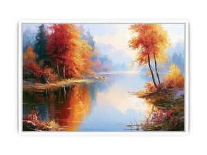 Autumn lake landscape canvas art with colourful trees for modern living room decor.