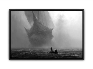 Black and white ghost ship canvas art with small boat for moody office or living room decor.