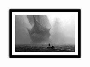 Black and white ghost ship canvas art with small boat for moody office or living room decor.