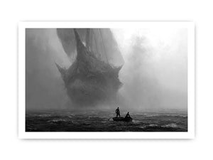 Black and white ghost ship canvas art with small boat for moody office or living room decor.