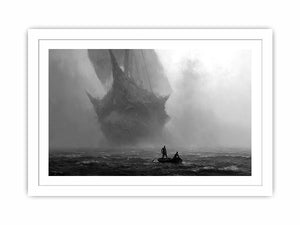 Black and white ghost ship canvas art with small boat for moody office or living room decor.