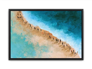 Aerial beach canvas art with turquoise water and walking figures for coastal living room decor.