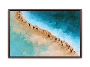 Aerial beach canvas art with turquoise water and walking figures for coastal living room decor.
