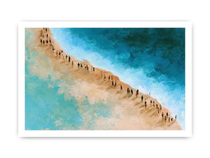 Aerial beach canvas art with turquoise water and walking figures for coastal living room decor.
