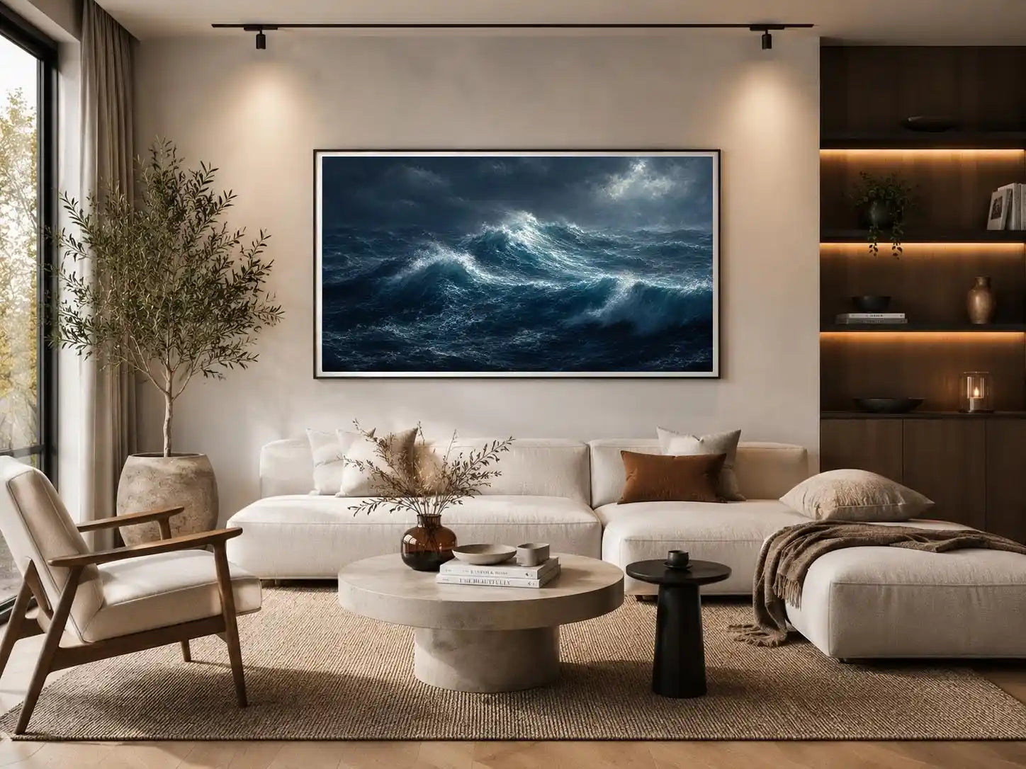 Dramatic stormy ocean canvas art for modern living room decor.