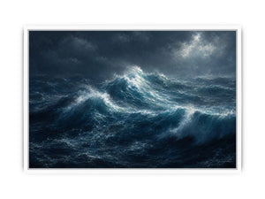 Dramatic stormy ocean canvas art for modern living room decor.