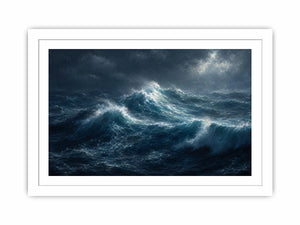 Dramatic stormy ocean canvas art for modern living room decor.