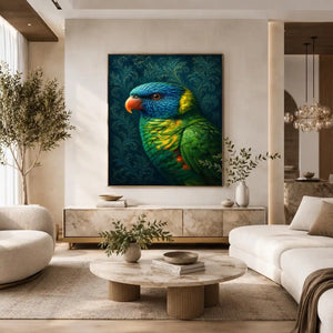 Colorful lorikeet canvas art for elegant modern room decor.