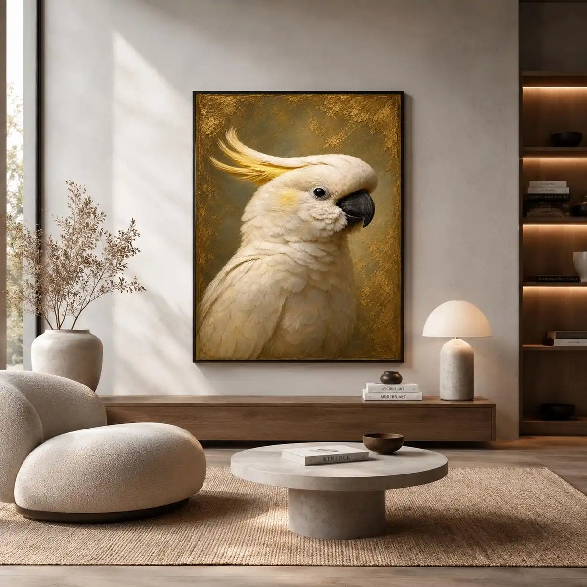 Elegant white cockatoo canvas art for neutral bedroom decor.