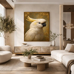 Elegant white cockatoo canvas art for neutral bedroom decor.