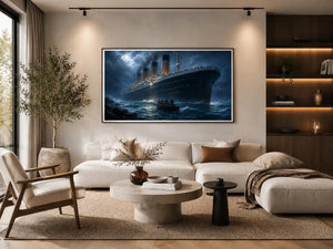 Dramatic ocean liner canvas art for moody office wall decor.