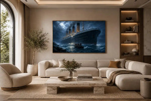 Dramatic ocean liner canvas art for moody office wall decor.
