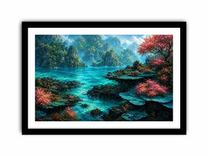 Tropical turquoise landscape canvas art for coastal room decor.