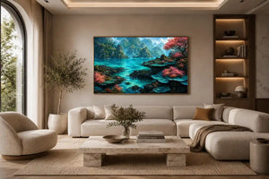 Tropical turquoise landscape canvas art for coastal room decor.