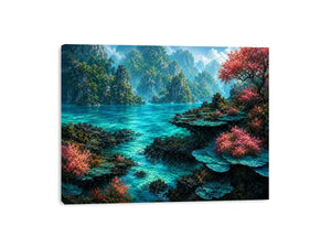Tropical turquoise landscape canvas art for coastal room decor.