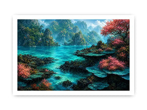 Tropical turquoise landscape canvas art for coastal room decor.