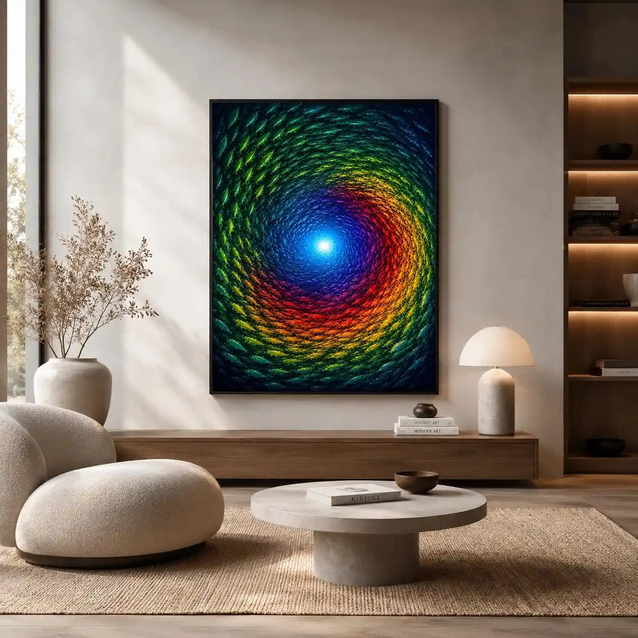 Colorful fish canvas art for bold modern living room decor.