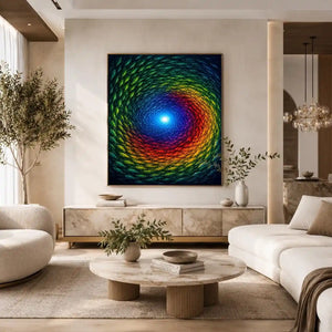 Colorful fish canvas art for bold modern living room decor.