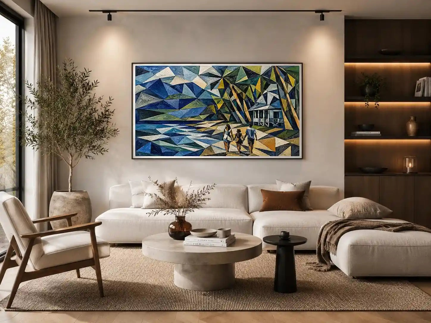Geometric coastal canvas art with beach house and walking figures for modern living room decor.