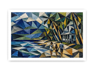 Geometric coastal canvas art with beach house and walking figures for modern living room decor.