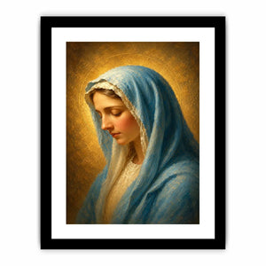 Serene blue veil Madonna portrait canvas art for peaceful bedroom decor.