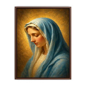 Serene blue veil Madonna portrait canvas art for peaceful bedroom decor.