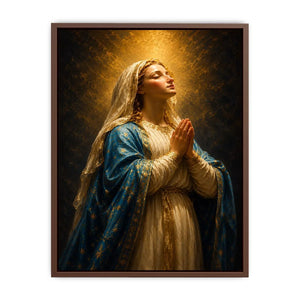 Vertical praying Madonna canvas art in blue and gold for elegant bedroom decor.