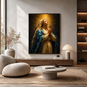 Vertical praying Madonna canvas art in blue and gold for elegant bedroom decor.