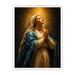 Vertical praying Madonna canvas art in blue and gold for elegant bedroom decor.
