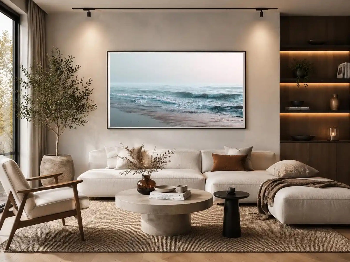 Minimal ocean wave canvas art for calm coastal bedroom or living room decor.