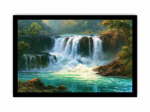 Waterfall landscape canvas art with turquoise water for modern living room decor.