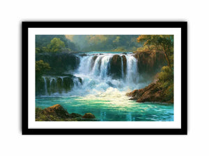 Waterfall landscape canvas art with turquoise water for modern living room decor.