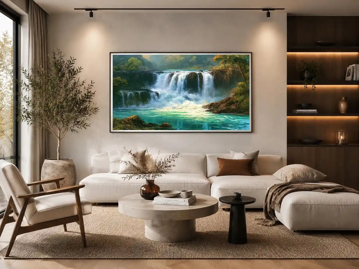 Waterfall landscape canvas art with turquoise water for modern living room decor.