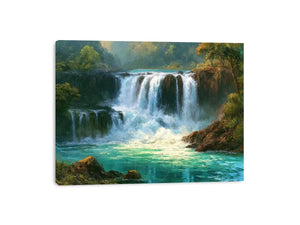 Waterfall landscape canvas art with turquoise water for modern living room decor.