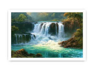 Waterfall landscape canvas art with turquoise water for modern living room decor.